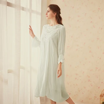 2020 Naujas Medvilnės Pižamą Moterys Ilgomis Rankovėmis Senovinių Nėrinių Rūmuose Princesė Gražus Elegantiškas Ilgas Nightdress Retro Sleepwear