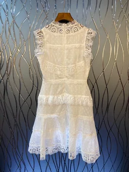 Naujausią Dizainerio Dresss 2020 Metų Vasaros Šalis Klubo Moterų Polka Dot Modelius Nėrinių Kratinys Be Rankovių Balta Juoda Suknelė Virš Kelio