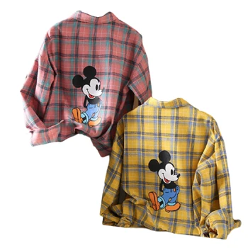 Disney Mickey Mouse Pavasarį ir Rudenį Moteris Laukinių Paprastas Pledas Palaidinės, Marškinėliai Retro Spausdinti Atsitiktinis mados Marškinėliai