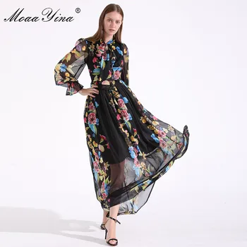 MoaaYina Mados kilimo ir tūpimo Tako Vasaros Moterų Suknelė Lankas apykakle ilgomis rankovėmis Gėlių Spausdinti Atostogų Šalys Kilnus, Elegantiškas Maxi Suknelė