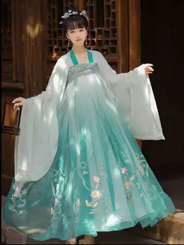 Kinų Tradicija Siuvinėjimo Hanfu Moterų Moterų Cosplay Kostiumų Vasaros Gradientas Žalia Suknelė Hanfu Dovana Lady Plus Dydis XL