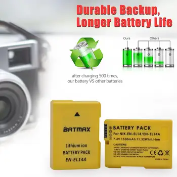 Batmax EN-EL14 LT-EL14A EL14 Baterija+LED USB Dual Kroviklis Nikon D3100 D3200 D3300 D3400 D3500 D5600 D5100 D5200 P7000