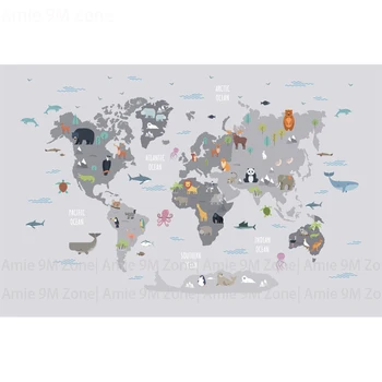 Pilka spalva pasaulio gyvūnų žemėlapis iliustracija animacinių filmų dizaino vaikų kambario sienų dekoras nemokamai nuolaida naują stilių