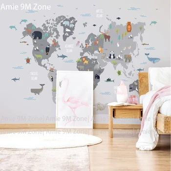 Pilka spalva pasaulio gyvūnų žemėlapis iliustracija animacinių filmų dizaino vaikų kambario sienų dekoras nemokamai nuolaida naują stilių