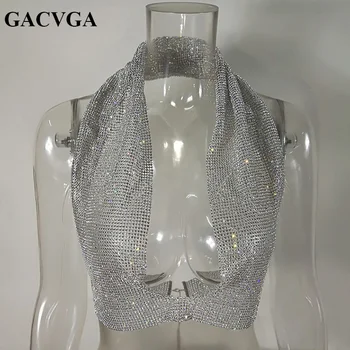 GACVGA 2019 Kristalų Pasėlių Viršuje Camis Blizgančių Sexy Marškinėliai Metalo Grandinės Backless Klubas Vest Įžymybė Šalies tankų Camisetas Mujer