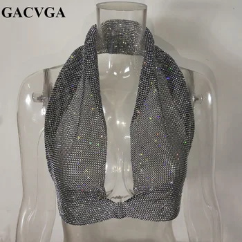 GACVGA 2019 Kristalų Pasėlių Viršuje Camis Blizgančių Sexy Marškinėliai Metalo Grandinės Backless Klubas Vest Įžymybė Šalies tankų Camisetas Mujer