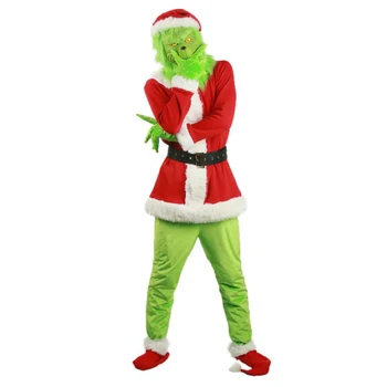 Kalėdų Grinch Deluxe Santa Kostiumas su Žalia Juokinga Kaukė Kalėdų Skrybėlę Furry Suaugusiųjų Santa Tiktų Apranga Cosplay Kostiumas