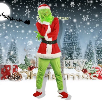 Kalėdų Grinch Deluxe Santa Kostiumas su Žalia Juokinga Kaukė Kalėdų Skrybėlę Furry Suaugusiųjų Santa Tiktų Apranga Cosplay Kostiumas