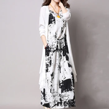 Rašalo Spausdinimo Maxi Suknelė Etninės Stiliaus Dviejų Dalių Komplektas Derliaus Plius Dydis Moterų, Elegantiškas Diržas Medvilnės Skalbiniai O-Kaklo Atsitiktinis Midi Suknelė