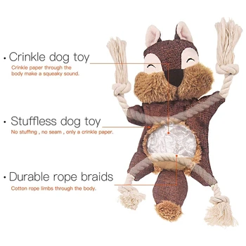 Stuffless Šunų Žaislai Šuniuką, Vingiuoti Piskliwy Šunį Kramtyti Žaislus Voverė Pliušinis Šuo Žaislą su Virve Mazgų Mažiems Šunims