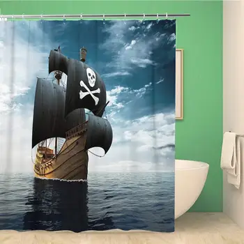 Vonios kambarys Dušo Užuolaidos Mėlyna Burlaivis Piratų Laivas atviroje Jūroje 3D karinio jūrų Laivyno Jūreivis Vandeniui Vonios Užuolaidų Komplektas su Kabliukais