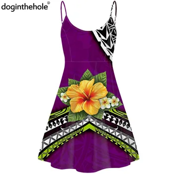 Doginthehole Poli Stiliaus Moterų Dirželis Rankovių Havajų Atogrąžų Hibisucs Spausdinti Vasaros Atsitiktinis Paplūdimio Mados Swing Suknelė
