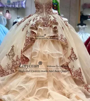 Rose Aukso Blizgančių Quinceanera Suknelės 2021 Šiuolaikinės Brangioji Nėrinių Aplikacijos Blizgančiais Kamuolys Suknelė Tiulio Derliaus Prom Saldus 16 Suknelės
