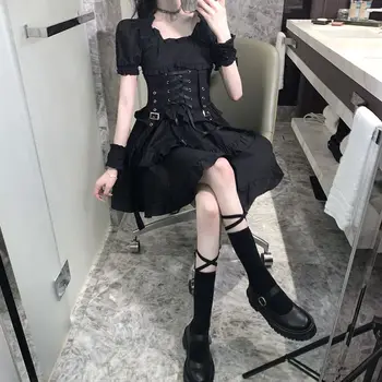 Viktorijos Renesanso Black, Gothic Lolita Dress Mergina Iš Japonijos Derliaus Punk Stiliaus Sluoksniuotos Rankovėmis Tvarstis Mini Suknelė Moterims Suknelės