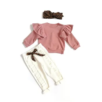 1-5Y Bamblys Vaikų Mergaičių Drabužių Rinkiniai Rudenį Vaikų Mergaičių Raukiniai Megztinis marškinėliai+Leopard Bowknot Raukiniai Kelnės+Lankelis