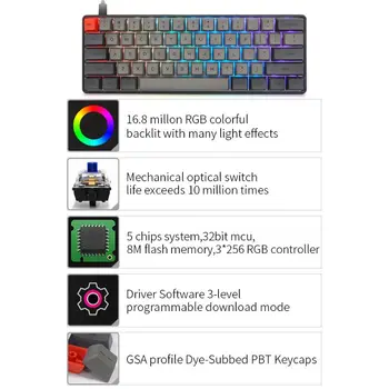 RGB LED Apšvietimu Laidinio Mechaninė Klaviatūra, Kompaktiškas, nepralaidus Vandeniui Mini Žaidimų Klaviatūra 61 PBT Klavišą caps Gateron Switchs PC Mac
