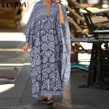 Bohemijos Moterų'Dress V Kaklo Sundress VONDA ilgomis Rankovėmis Rudenį Spausdinti Ilga Suknelė Plius Dydis Šalis Vestidos Femme Sundress