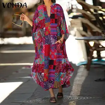 Bohemijos Moterų'Dress V Kaklo Sundress VONDA ilgomis Rankovėmis Rudenį Spausdinti Ilga Suknelė Plius Dydis Šalis Vestidos Femme Sundress