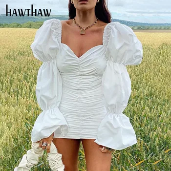 Hawthaw Moteris Rudens-Žiemos Ilgos Rankovės Aikštėje Apykaklės Bodycon Plisuotos Šalies Klubas Mini Trumpą Suknelę 2020 M. Rudenį Drabužių Streetwear
