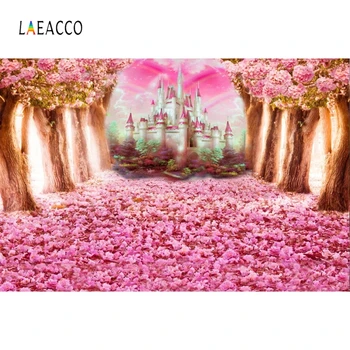 Laeacco Gėlės Pavasarį Asmeninį Backdrops Šalis Mėlyna Rožinė Vaivorykštė Pasakų Pilį Fotografija Tapetai Fotografijos Studija
