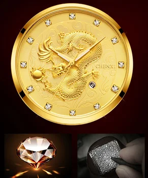 CHENXI Prabangūs Auksiniai Laikrodžiai Kinų Drakonas Patern 30M atsparus Vandeniui Nerūdijančio Plieno Atsitiktinis Aukso Vyrų Suknelė Laikrodžiai Dovanų Laikrodis