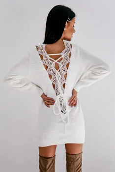 Megzti Minkštas Šiltas Žiemos Dress Tvarstis Atgal Prieš Nėrinių Tuščiaviduriai Moterų Megztinis Suknelė Ilgomis Rankovėmis Megztiniai Chaki Baltas Mini Suknelės