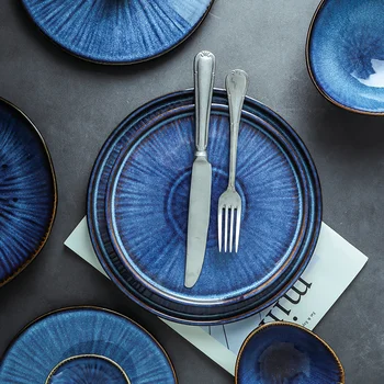 KINGLANG Šiaurės Klin Glazūra Mėlynos Spalvos keraminiai stalo reikmenys, namų, plokštieji giliai kepsnys patiekalas, pusryčiai, vakarienė plokštės didelis dubuo