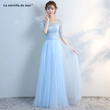 Vestuvių svečių suknelė karšto Samtelis kaklo tiulio pusė rankovių Linija, šviesiai mėlyna bridesmaid suknelę ilgai vestido madrinha pigiai