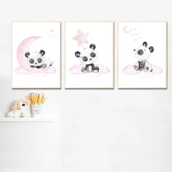 Vaiko Plakatas Vaikų Darželio Sienos Menas Drobė Spausdinti Pink Cartoon Panda Mėnulis Tapybos Šiaurės Vaikas Apdailos Nuotrauką Baby Girl Kambario Dekoro