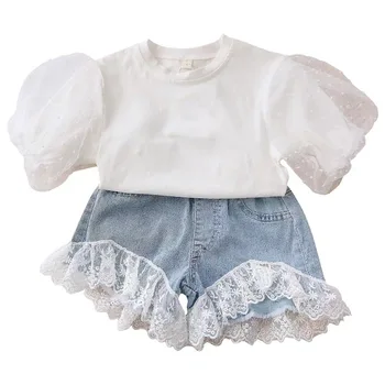 Mihkalev Mados Baby Girl 2020 M. Vasaros Drabužių Nustatyti Baltos spalvos Marškinėlius+Džinsinio Šortai 2pieces Vaikų Drabužių Rinkiniai Vaikams Mergaitėms Tracksuit