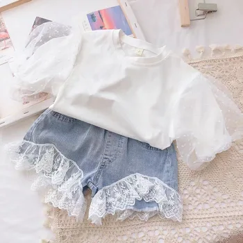 Mihkalev Mados Baby Girl 2020 M. Vasaros Drabužių Nustatyti Baltos spalvos Marškinėlius+Džinsinio Šortai 2pieces Vaikų Drabužių Rinkiniai Vaikams Mergaitėms Tracksuit