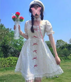 Prancūzijos Elegantiškos Paaugliams Minkštas Kawaii Girl Lolita Dress Moterų Mielas Lankas Neapdailintais Kraštais Imperijos Atgal Peteliškę Nėrinių Įmantrybių Pynimas Mini Suknelė Vasarai