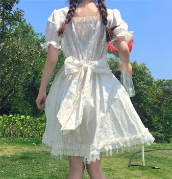 Prancūzijos Elegantiškos Paaugliams Minkštas Kawaii Girl Lolita Dress Moterų Mielas Lankas Neapdailintais Kraštais Imperijos Atgal Peteliškę Nėrinių Įmantrybių Pynimas Mini Suknelė Vasarai