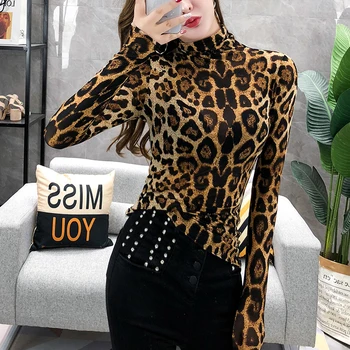 Elegante Plius Dydis Mados Viršūnes Moterys ilgomis Rankovėmis Leopard Palaidinė Golfo Marškinėliai, Ponios OLIS Šalies Viršuje Streetwear Blusas 7704 50