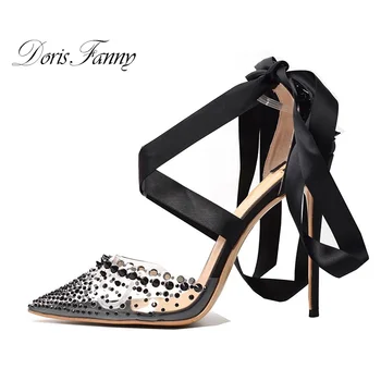 Doris Fanny dizaineris strappy smeigės seksualus aukštos obcasie PVC aišku, aukštakulniai juodos stiletto Moterų batai 10cm, 12cm 8cm