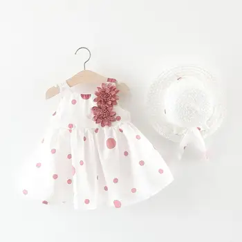 2Piece Vasaros Nustatyti Naujagimių Drabužiai Baby Girl Dress Mielas Lankas Princesė Rankovių Medvilnės Kūdikio Gimtadienio Suknelės+Saulės Skrybėlę BC1864