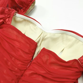 Artsu Aikštėje Apykaklės Tinklelio Mini Suknelės Ruched Burbulas Rankovės Seksualus vakarėlis Klubo Bodycon Raudona Suknelė 2020 Metų Vasaros Komplektus ASDR60843