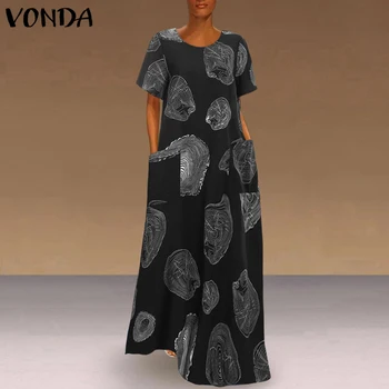 Moterų Suknelė trumpomis Rankovėmis Chalatas, Femme 2021 VONDA Derliaus Spausdinti Sundress Kišenės Šalies Maxi Ilga Suknelė Plius Dydis Atsitiktinis Vestidos