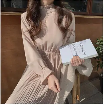 2020 M. Pavasario Grožio Suknelės Ilgai Korėjoje Moterims Blyksnius Rankovės Plonas Juosmens Linijos Temperamnet Golfo Plisuotos Suknelė Vintage 12916