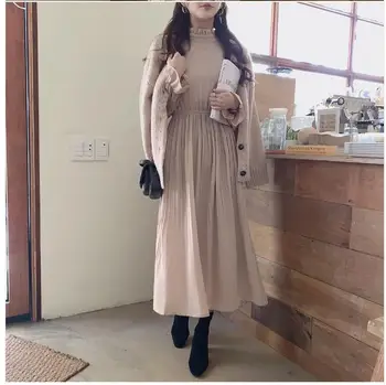 2020 M. Pavasario Grožio Suknelės Ilgai Korėjoje Moterims Blyksnius Rankovės Plonas Juosmens Linijos Temperamnet Golfo Plisuotos Suknelė Vintage 12916