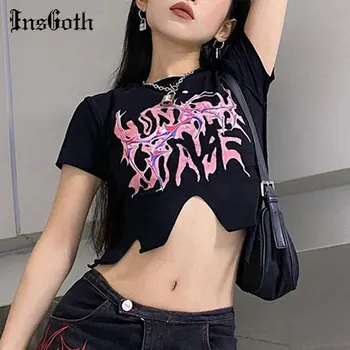 InsGoth Grunge Gotikos Spausdinti marškinėliai Harajuku O Kaklo Seksualus Tuščiaviduriai Iš Y2K Marškinėliai Punk Streetwear trumpomis Rankovėmis Moterims Apkarpyti Viršūnes
