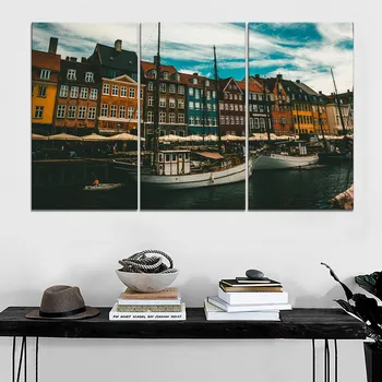 Šiuolaikinio Meno kūrinius, Modulinės 4 Skydelis Kopenhaga Danija namas Pastatų Upės Ir Valtimis Nuotrauką Ant Drobės Spausdinti Tipo Namų Dekoro Sienos