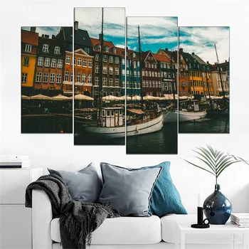Šiuolaikinio Meno kūrinius, Modulinės 4 Skydelis Kopenhaga Danija namas Pastatų Upės Ir Valtimis Nuotrauką Ant Drobės Spausdinti Tipo Namų Dekoro Sienos