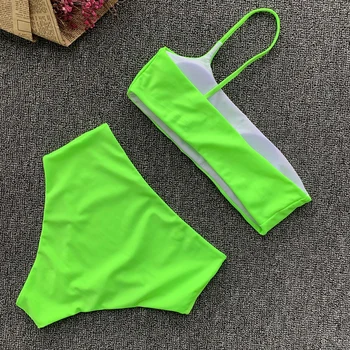Aukštos Juosmens Bikini 2020 Dviejų dalių maudymosi kostiumėlį, Seksualus Bandeau Neon Vieną Petį Tankini maudymosi kostiumėlį Moterų Plaukimo Kostiumas Moterims maudymosi Kostiumėliai
