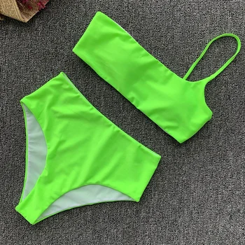 Aukštos Juosmens Bikini 2020 Dviejų dalių maudymosi kostiumėlį, Seksualus Bandeau Neon Vieną Petį Tankini maudymosi kostiumėlį Moterų Plaukimo Kostiumas Moterims maudymosi Kostiumėliai
