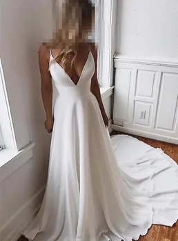 Simple & Charming V-kaklo Iškirpte Vestuvinė Suknelė Su Nėriniais Nugaros Nuotakos Suknelė vestido de festa de casamento