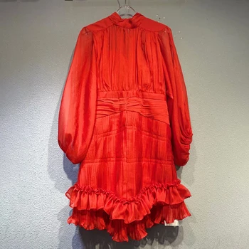 VGH Derliaus Raudona Suknelė Moterims Stovėti Apykaklės, Žibintų Rankovėmis Aukštos Juosmens Ruched Kietas Mini Suknelės Moterų 2021 Mados Naujų Pavasario