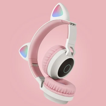 Cute Kačių Ausų Ausinės Bluetooth 5.0 Mergina Kids Pink Ausinės LED Belaidžių Ausinių 3,5 mm Laidinio Mic Ausinės Dvišalius Stereo