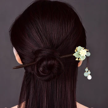 1Pcs Rankų darbo Moterų Plaukų Stick Retro Gėlių Kietas, Šviesiai Žalia Klasikinė Elegancija Mediniai Moterų Kinijos Plaukų Aksesuarai