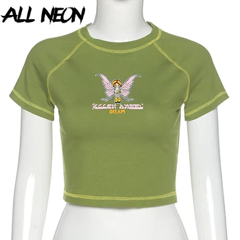 ALLNeon E-mergaitė Drugelis Grafikos ir Raidė Spausdinimo Dygsnio Žalia Apkarpyti Viršūnes Y2K Vasaros Grunge Stiliaus O-kaklo trumpomis Rankovėmis marškinėliai